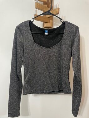 Old Navy Metallic Ribbed Long Sleeve Scoop Neck Top - Black